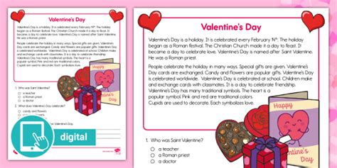 Second Grade Valentine S Day Reading Passage Comprehension