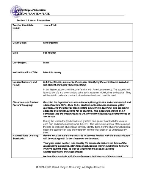 Coe Lesson Plan Template Jfrick Lesson Plan Template Section