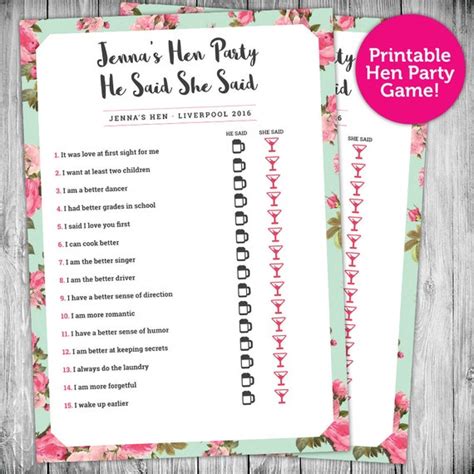 Hen Night He Said She Said Personalised Hen Party Game