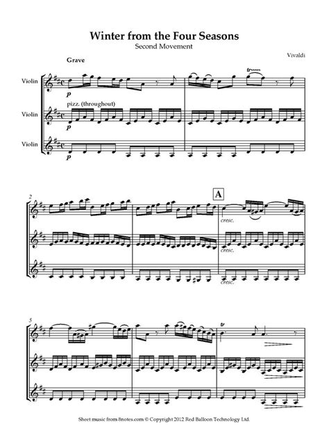 Vivaldi Winter From The Four Seasons 2nd Movement Sheet Music For