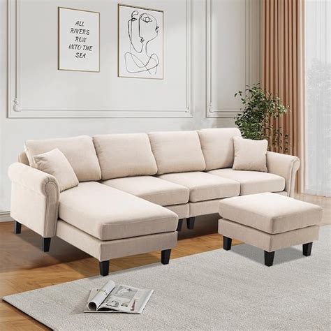 Modern 10866 In W Rolled Arm 2 Piece Velvet L Shaped 4 Seat Sectional Sofa In Beige With