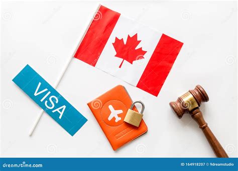 Visa To Canada Concept Canadian Flag Near Passport And Judge Hammer On White Background Top