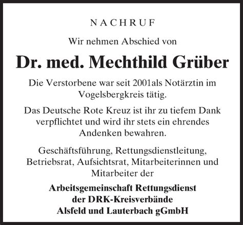 Traueranzeigen von Mechthild Grüber vrm trauer de