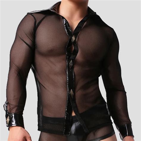 Yehan Sexy Transparent Shirts Men Faux Leather Mesh Patchwork Men S