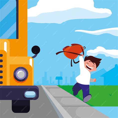 nino estudiante feliz en la escena de la parada del autobus escolar