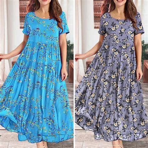 Kaufe Frauen Sommerkleid Blumendruck A Linie Lose Saum Plissee Kurzarm