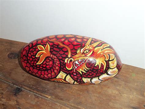 Red Chinese Dragon Painted Rock Stone Painting Painted Stepping