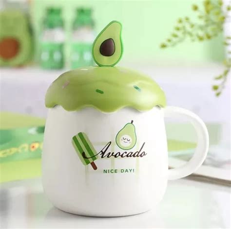 Taza De Cerámica Aguacate Avocado Con Tapa Y Chuchara Kawaii Meses