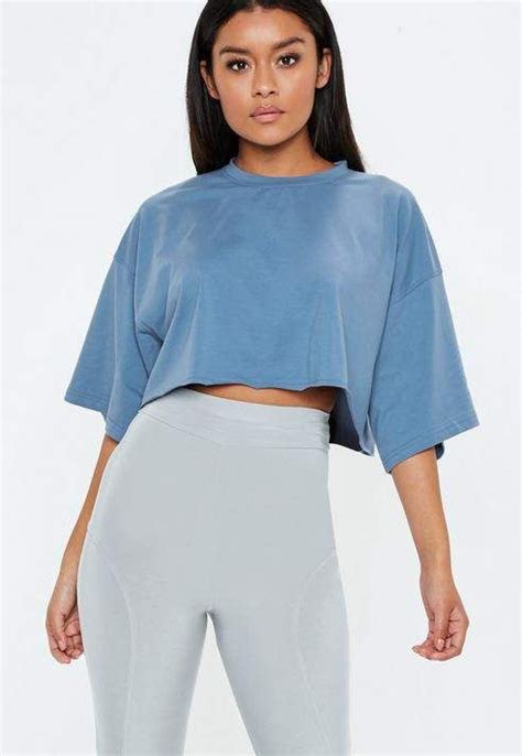 Missguided Blue Drop Shoulder Oversized Cropped T Shirt Women Tops