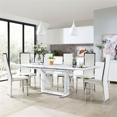 Tokyo Extending Dining Table And 4 Celeste Chairs White Marble Effect White Classic Faux Leather