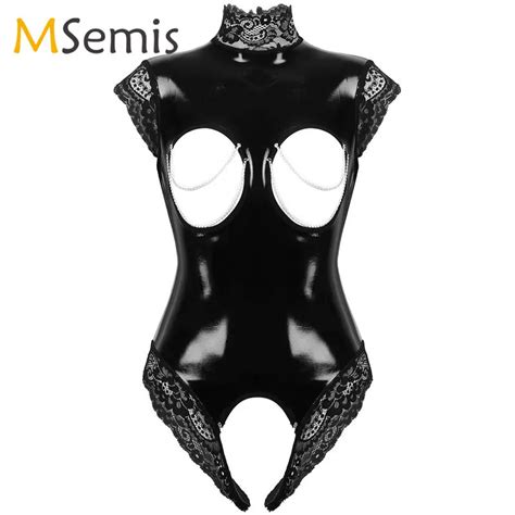 Womens Lingerie Crotchless Bodysuit Wet Look Patent Leather High Neck