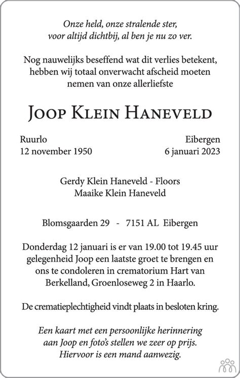 Joop Klein Haneveld 06 01 2023 Overlijdensbericht En Condoleances