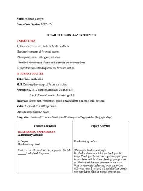 Detailed Lesson Plan About Force And Motion Pdf Force Lesson Plan