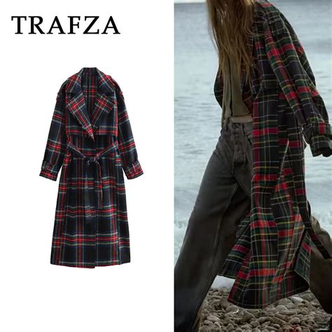 Trafza Autumn Women Vintage Plaid Coats Long Sashes Oversized Coat