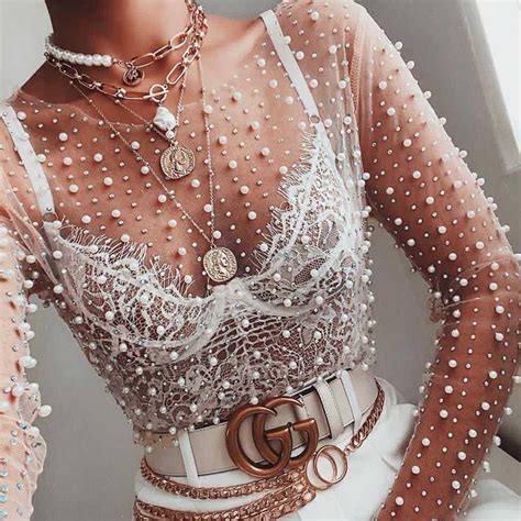 Luxury Pearls And Rhinestone Studded Embellished Mesh Shirts Sunifty