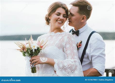 Happy Newly Married Couple Smiling Bride Brunette Young Woman With Boho Style Bouquet With