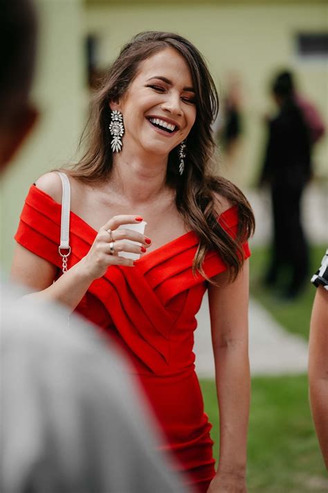 Free Picture Brunette Smiling Dress Red Jewelry Earrings Attractive Woman Happy Pretty