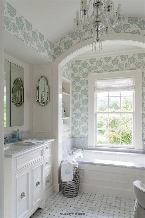 White And Blue Bathroom With Arched Tub Alcove Transitional