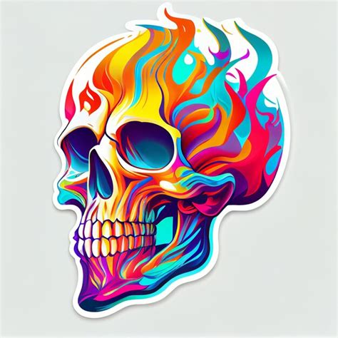 Premium Photo Brightly Colored Skull With Flames On Its Head