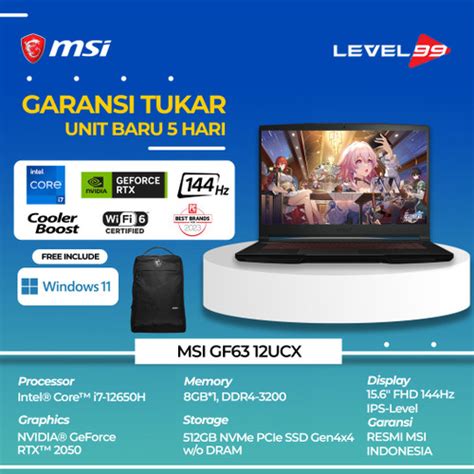 Promo Laptop Gaming Msi Thin Gf63 12udx 601 I7 12650h 8g 512gb Rtx2050