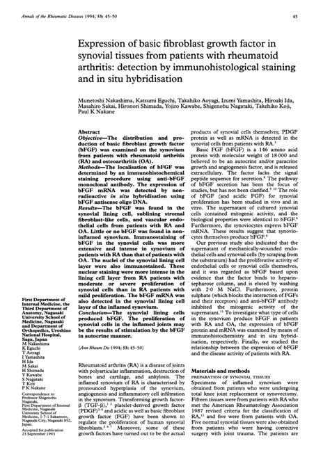 Pdf Expression Of Basic Fibroblast Growth Factor In Synovial Tissues