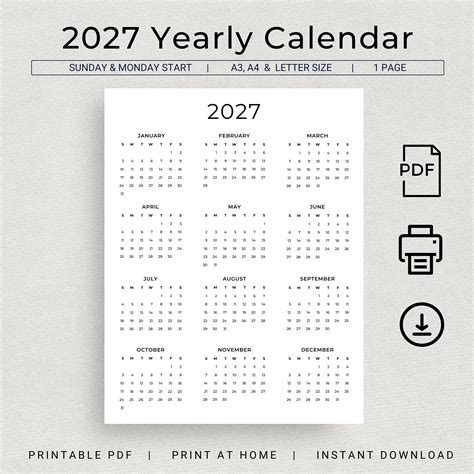 2027 Calendar 2027 Yearly Calendar Printable 2027 Wall Calendar 2027