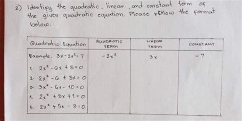 Identify The Quadratic Linear Constant Term Of The Given Quadratic Equation Please Follow The