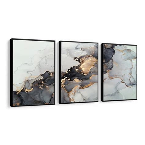 Quadros Decorativos Abstrato Preto Gold Dourado Moldura Elo