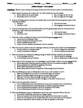 Julius Caesar Act Multiple Choice And Short Answer Quiz By Bradley