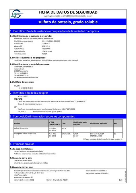 Pdf Ficha De Datos De Seguridad Sulfato De Potasio