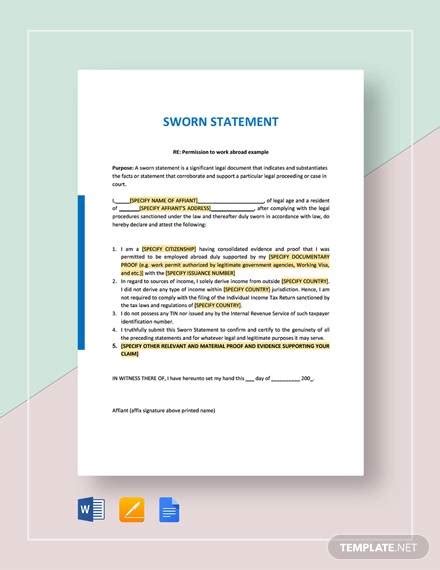 FREE 16 Sample Sworn Statement Templates In Google Docs Word Pages PDF