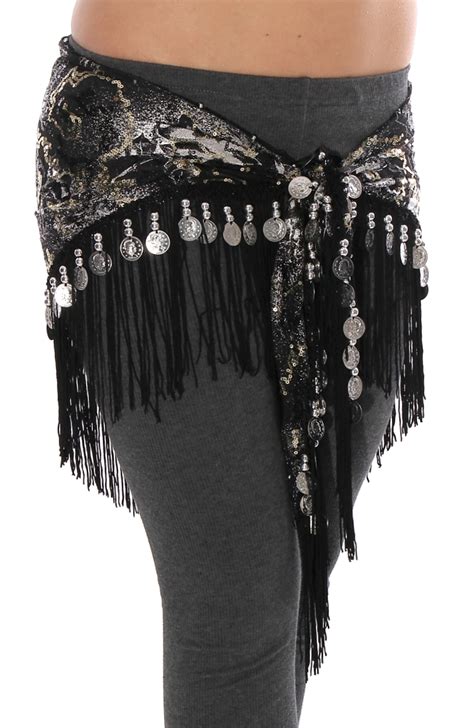 Sequin Belly Dance Hip Scarf With Fringe And Coins In Black Silver