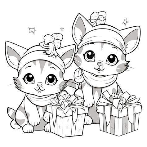 Cartoon Cats Group On Christmas Time Coloring Book Page Christmas