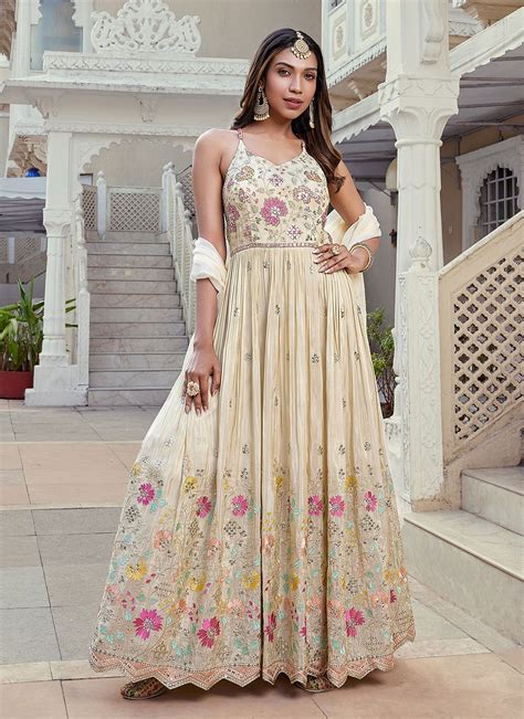 Buy Readymade Gown Mirror Chinon In Cream Online