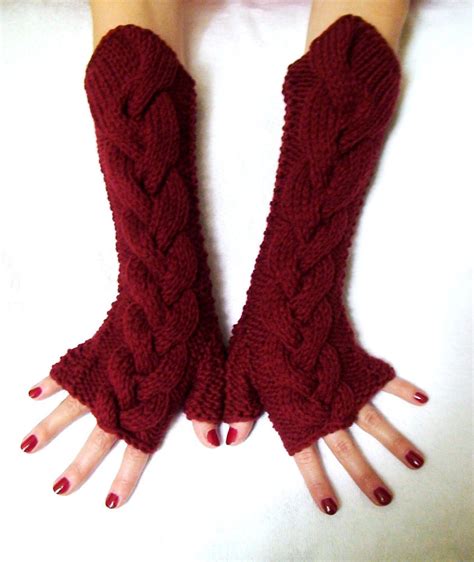 Fingerless Gloves/ Arm Warmers Red Dark Wine Cabled Hand - Etsy