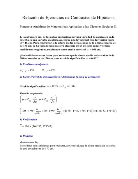 Relación De Ejercicios De Contrastes De Hipótesis