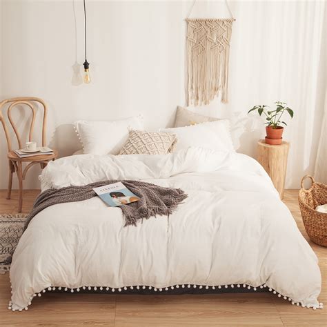 Move Over White Bedding Sets Twin 100 Washed Microfiber Pom Poms Pattern Off White Boho Duvet