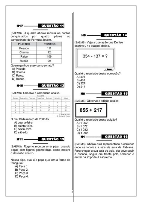 Simulado de Matemática 3 ano do Ensino Fundamental para imprimir