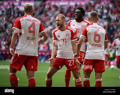 Konrad Laimer 27 of FC Bayern Muenchen freut sich Ÿber das Tor von