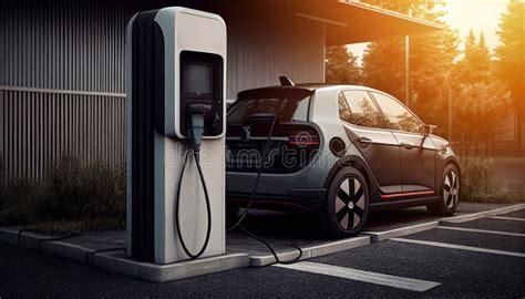 Ev Auto Of Elektrisch Voertuig Aan Het Laadstation Met De Stekker Van