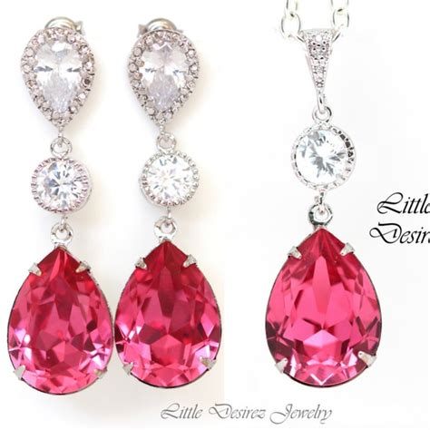 Pink Jewelry Set Hot Pink Earrings Necklace Swarovski Crystal