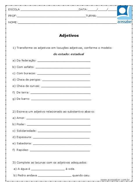 Atividade De Portugues Adjetivos 4 Ou 5 Ano Pdf Adjetivo Sintaxe