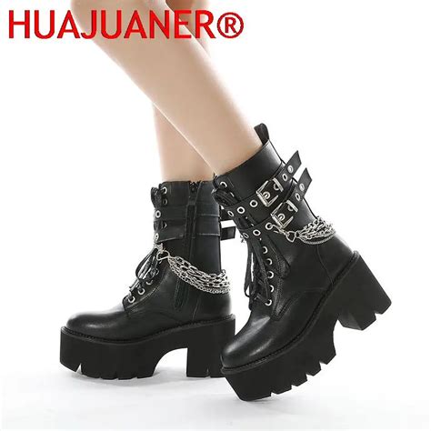 High Quality Leather Gothic Black Boots Women Heel Sexy Chain Chunky