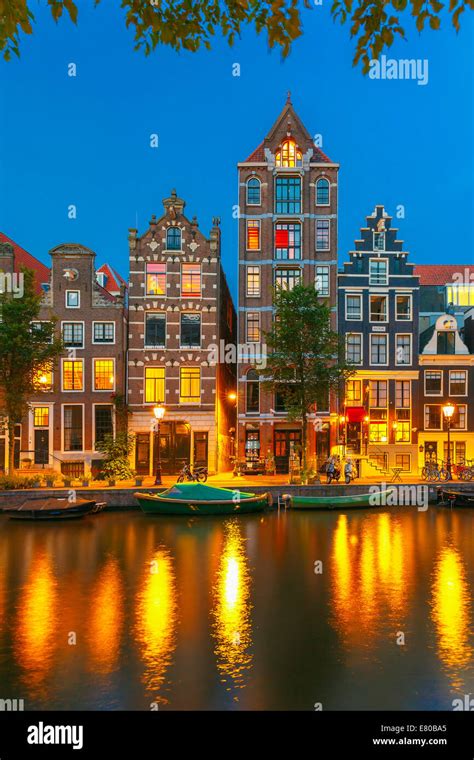 Night City View Of Amsterdam Canal Herengracht Typical Dutch Houses