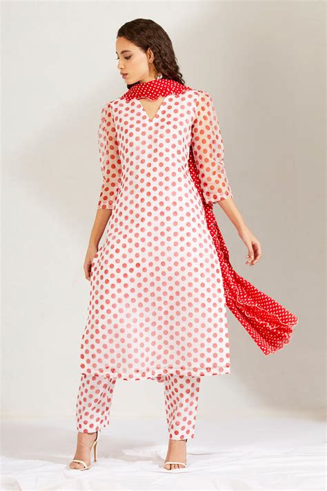 Buy Label Earthen White Cotton Mal Organza Silk Polka Dot Print Kurta