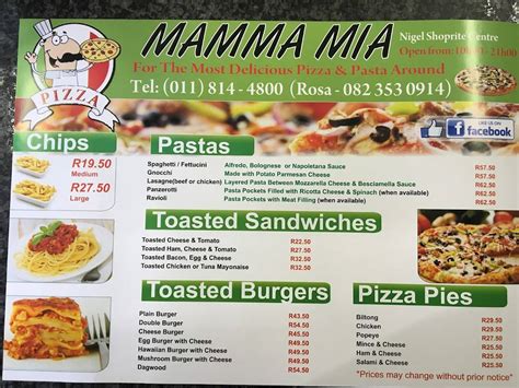 Menu At Mamma Mia Restaurant Nigel Hendrik Verwoerd Shoprite Centre Nigel Johannesburg