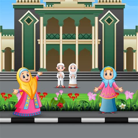 Premium Vector Happy Muslim People Cartoon In Front Of A Mosque