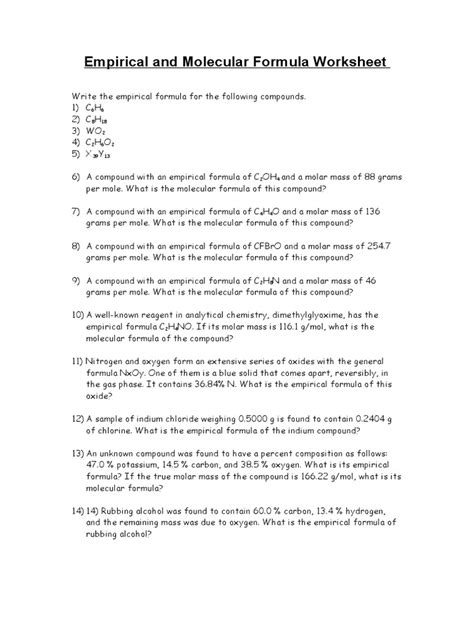 Empirical And Molecular Formula Worksheet Answers Pdf Mole Worksheets Library