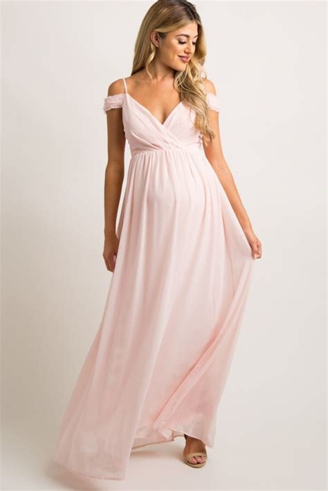 Pink Beaded Off Shoulder Chiffon Maternity Gown Chiffon Maternity