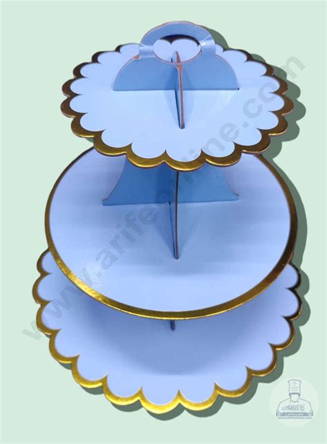 Cake Decor™ 3 Tier Cardboard Cupcake Stand Sky Blue With Golden Bord Arife Online Store